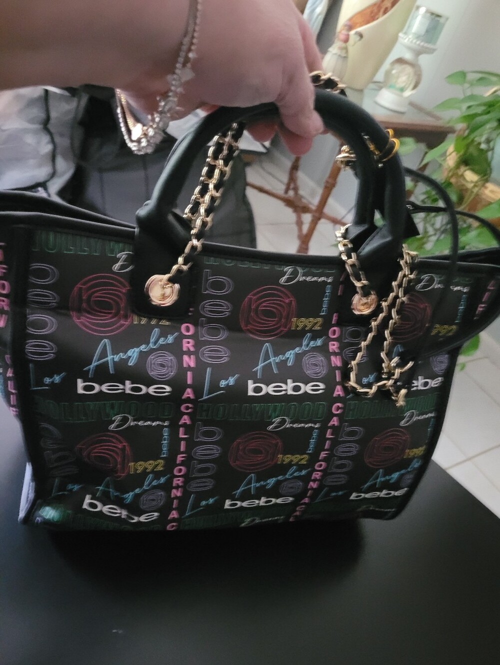bebe Black Tote with Multicolor Logo Print and Gold Chain Handles - Picture 4 of 9
